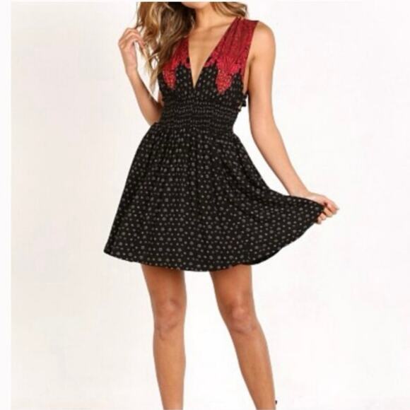 Free People XS Walking Through Dreams Red Black V neck Fit Flare Mini Dress - Picture 3 of 12